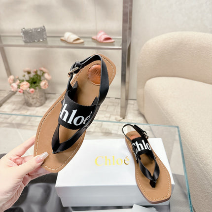 CHLOÉ THONG SANDALS IN BLACK CALFSKIN AND CANVAS
