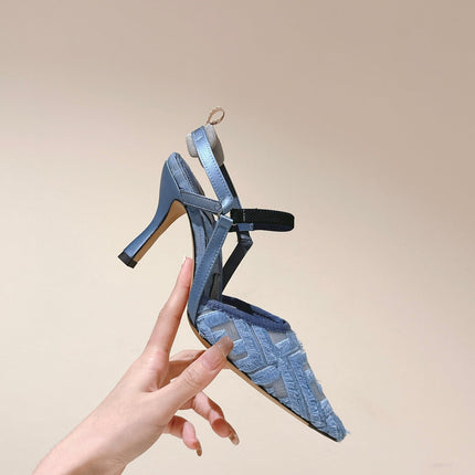 FENDI COLIBRÌ HIGH-HEELED SLINGBACKS 75MM IN SKY BLUE FABRIC