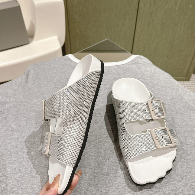 BIRKENSTOCK SLIPPERS ATTACHED RHINESTONES IN WHITE CALFSKIN