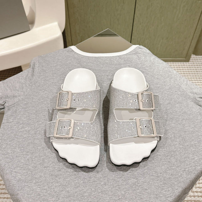 BIRKENSTOCK SLIPPERS ATTACHED RHINESTONES IN WHITE CALFSKIN