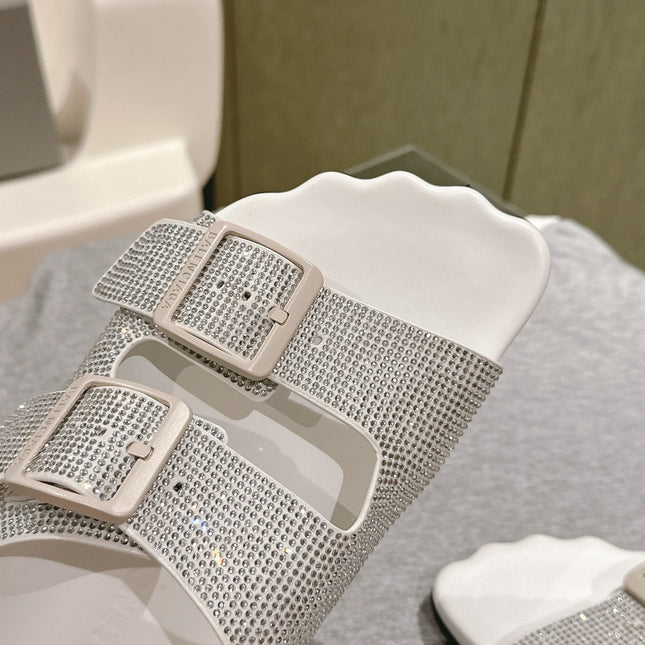 BIRKENSTOCK SLIPPERS ATTACHED RHINESTONES IN WHITE CALFSKIN