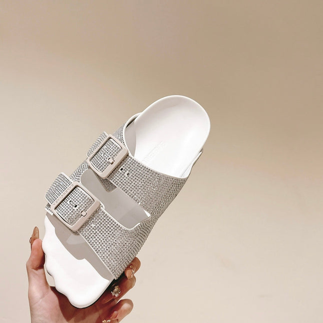 BIRKENSTOCK SLIPPERS ATTACHED RHINESTONES IN WHITE CALFSKIN