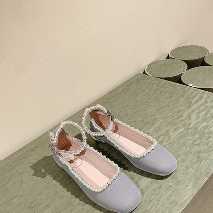 BALLERINAS MARY JANE IN GRAY SUEDE WITH PEARL TRIM