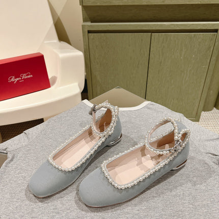 BALLERINAS MARY JANE IN GRAY SUEDE WITH PEARL TRIM