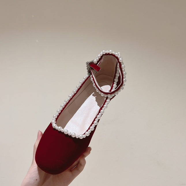 BALLERINAS MARY JANE IN BURGUNDY RED SUEDE WITH PEARL TRIM