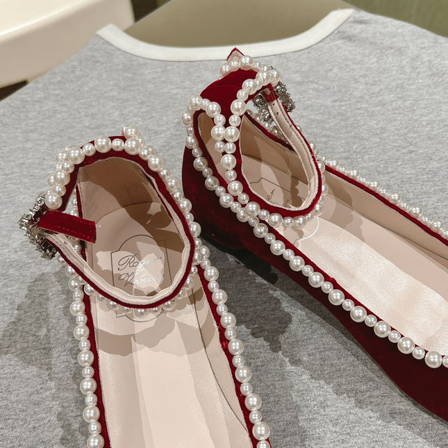 BALLERINAS MARY JANE IN BURGUNDY RED SUEDE WITH PEARL TRIM