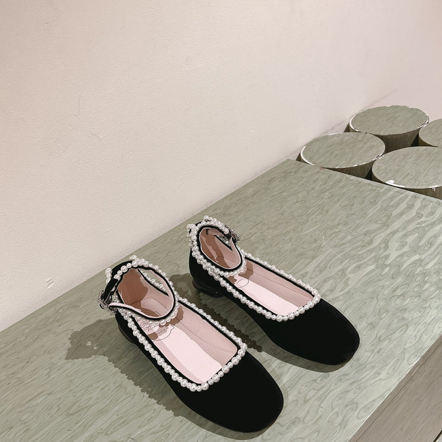 BALLERINAS MARY JANE IN BLACK SUEDE WITH PEARL TRIM