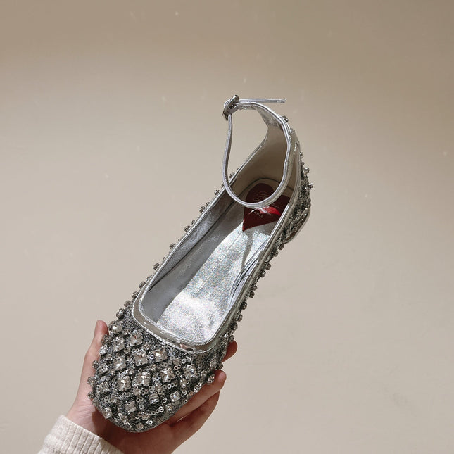 BALLERINAS IN SILVER FABRIC WITH CRYSTAL DETAILING