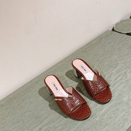 JEWELLED HEEL 55 MULE SANDALS IN RUSET BROWN CALFSKIN