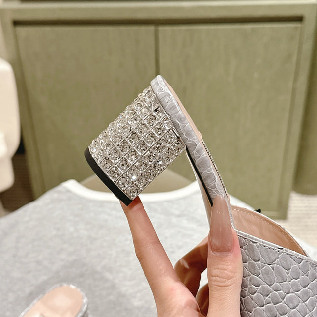 JEWELLED HEEL 55 MULE SANDALS IN SILVER CALFSKIN