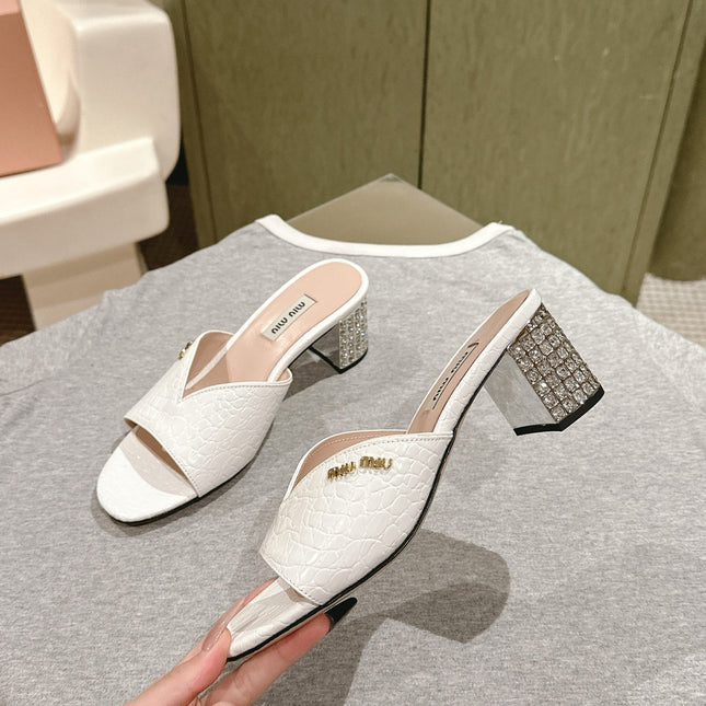 JEWELLED HEEL 55 MULE SANDALS IN WHITE CALFSKIN