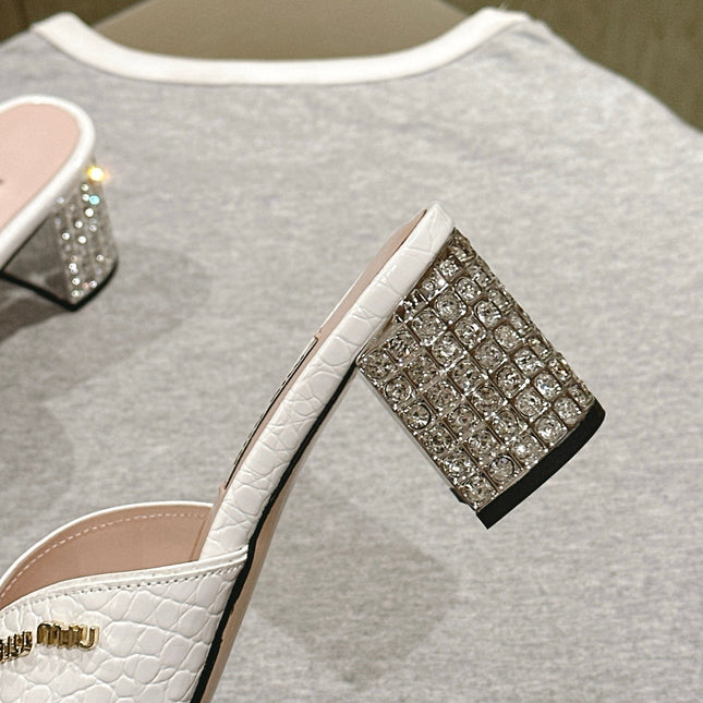 JEWELLED HEEL 55 MULE SANDALS IN WHITE CALFSKIN