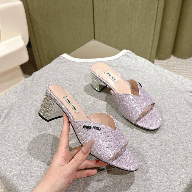 JEWELLED HEEL 55 MULE SANDALS IN PASTEL PURPLE CALFSKIN
