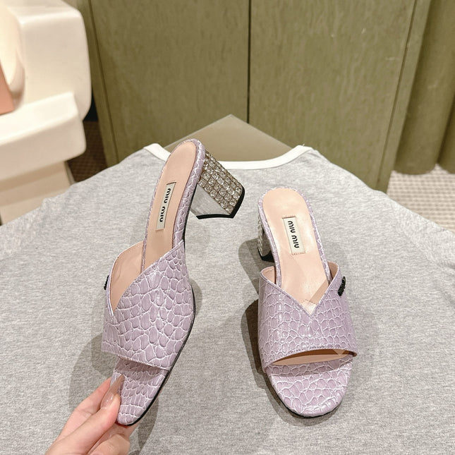 JEWELLED HEEL 55 MULE SANDALS IN PASTEL PURPLE CALFSKIN