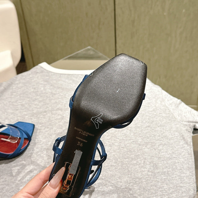 YSL 25S HIGH-HEEL SANDALS 100 MM IN DEEP NAVY BLUE SATIN WITH YSL LOGO HEEL DESIGN IN GOLD