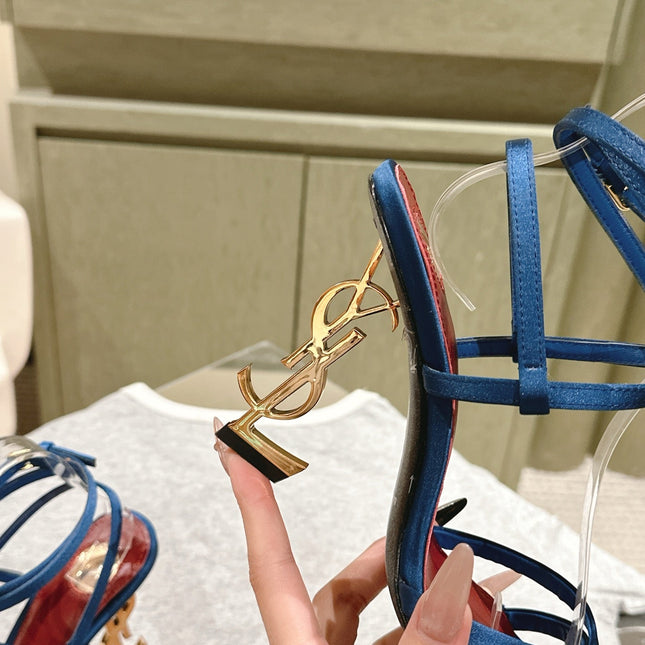 YSL 25S HIGH-HEEL SANDALS 100 MM IN DEEP NAVY BLUE SATIN WITH YSL LOGO HEEL DESIGN IN GOLD