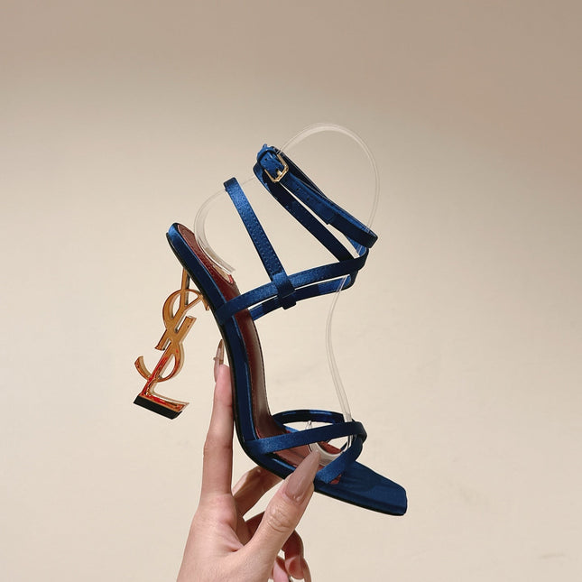 YSL 25S HIGH-HEEL SANDALS 100 MM IN DEEP NAVY BLUE SATIN WITH YSL LOGO HEEL DESIGN IN GOLD