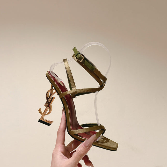 YSL 25S HIGH-HEEL SANDALS 100 MM IN MOSS GREEN SATIN WITH YSL LOGO HEEL DESIGN IN GOLD