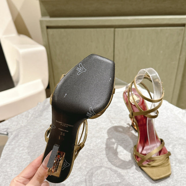 YSL 25S HIGH-HEEL SANDALS 100 MM IN MOSS GREEN SATIN WITH YSL LOGO HEEL DESIGN IN GOLD