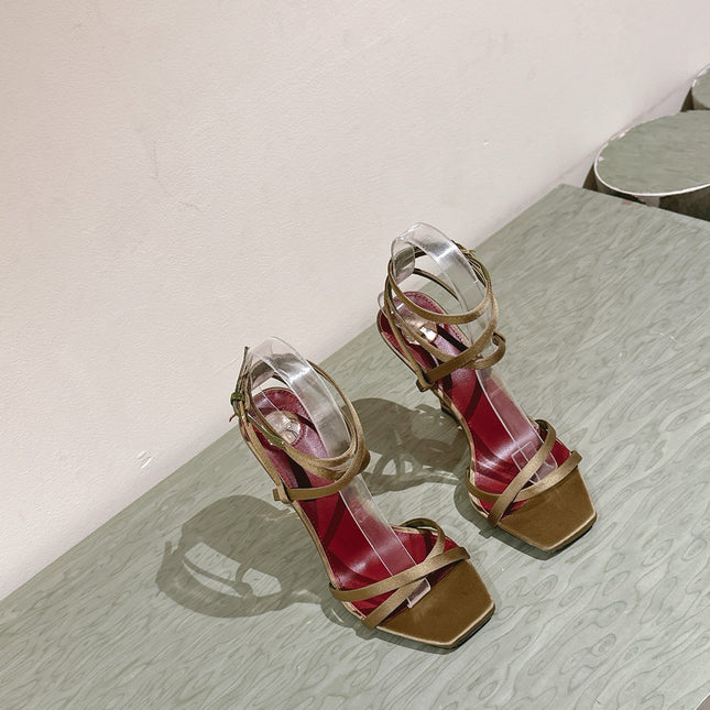 YSL 25S HIGH-HEEL SANDALS 100 MM IN MOSS GREEN SATIN WITH YSL LOGO HEEL DESIGN IN GOLD