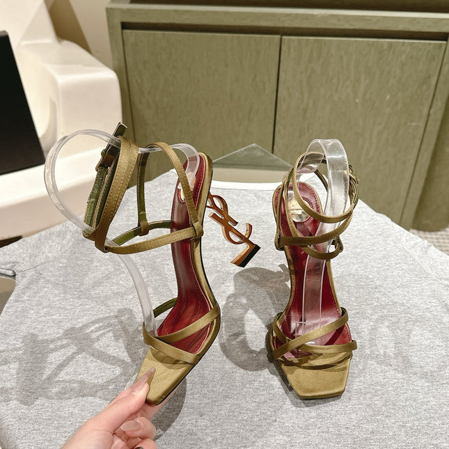 YSL 25S HIGH-HEEL SANDALS 100 MM IN MOSS GREEN SATIN WITH YSL LOGO HEEL DESIGN IN GOLD