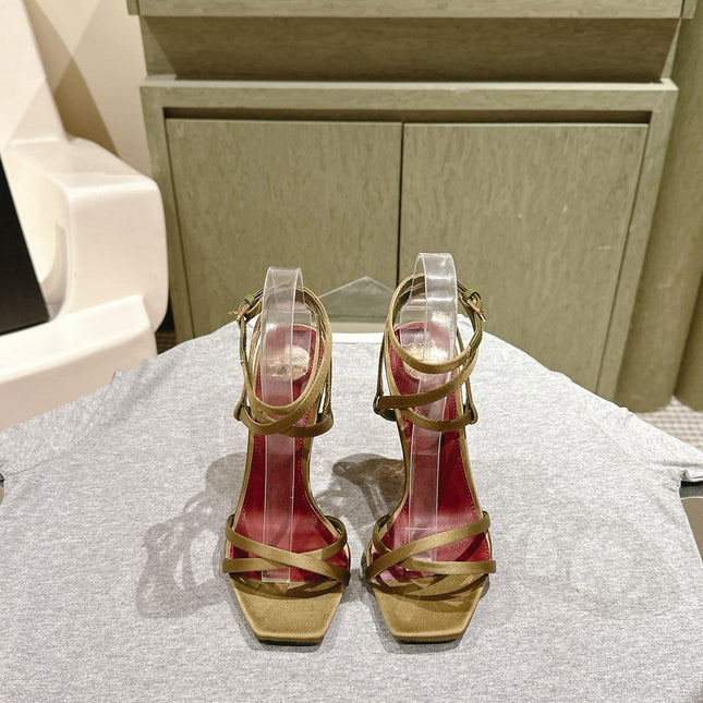 YSL 25S HIGH-HEEL SANDALS 100 MM IN MOSS GREEN SATIN WITH YSL LOGO HEEL DESIGN IN GOLD