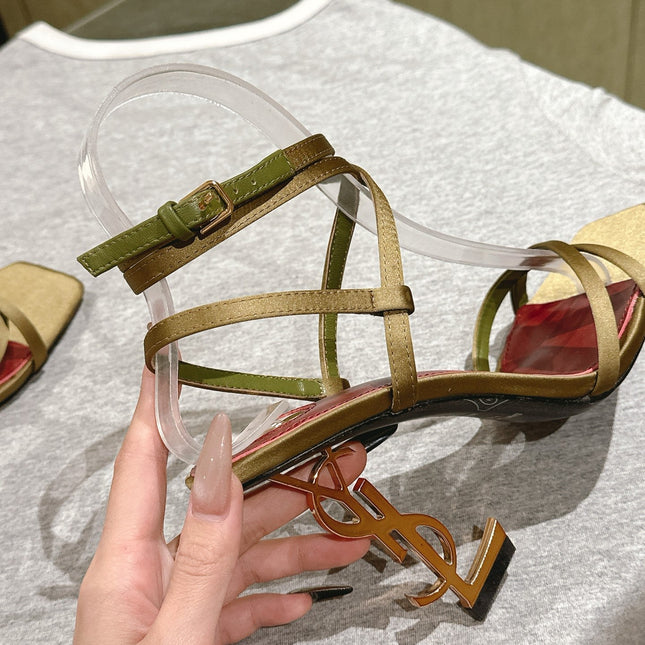 YSL 25S HIGH-HEEL SANDALS 100 MM IN MOSS GREEN SATIN WITH YSL LOGO HEEL DESIGN IN GOLD