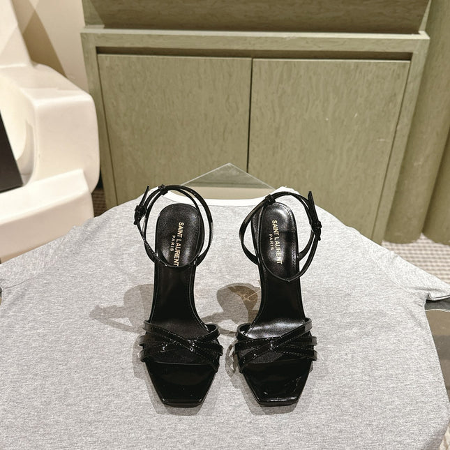 YSL 25S HIGH-HEEL SANDALS 100 MM IN BLACK GLOSSY LAMBSKIN WITH YSL LOGO HEEL DESIGN IN GOLD