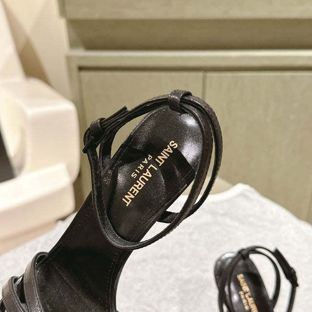 YSL 25S HIGH-HEEL SANDALS 100 MM IN BLACK LAMBSKIN WITH YSL LOGO HEEL DESIGN