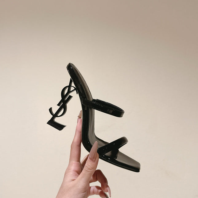 YSL 25S OPYUM HIGH-HEEL SANDALS 100 MM IN BLACK LAMBSKIN