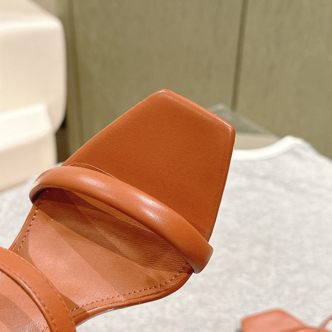 YSL 25S OPYUM HIGH-HEEL SANDALS 100 MM IN BURNT ORANGE BROWN LAMBSKIN