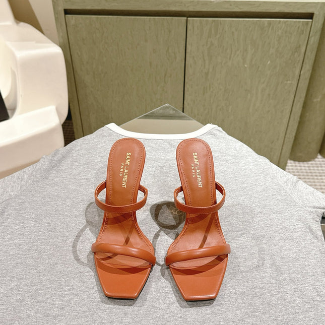 YSL 25S OPYUM HIGH-HEEL SANDALS 100 MM IN BURNT ORANGE BROWN LAMBSKIN