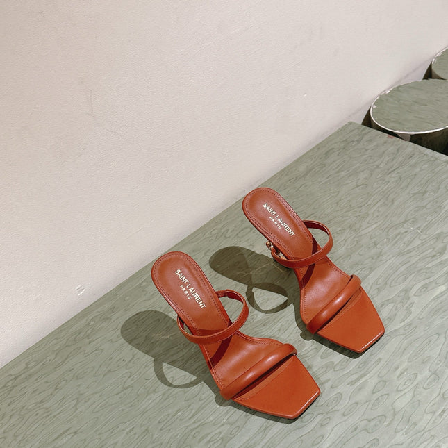 YSL 25S OPYUM HIGH-HEEL SANDALS 100 MM IN BURNT ORANGE BROWN LAMBSKIN