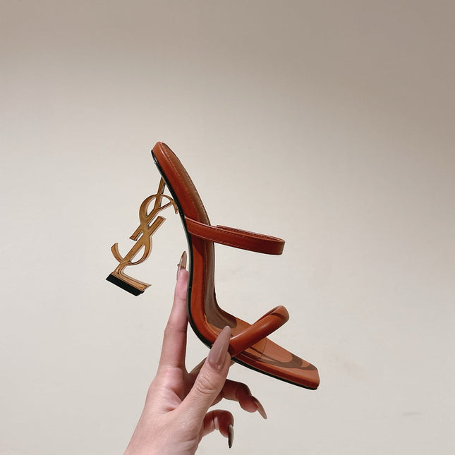 YSL 25S OPYUM HIGH-HEEL SANDALS 100 MM IN BURNT ORANGE BROWN LAMBSKIN