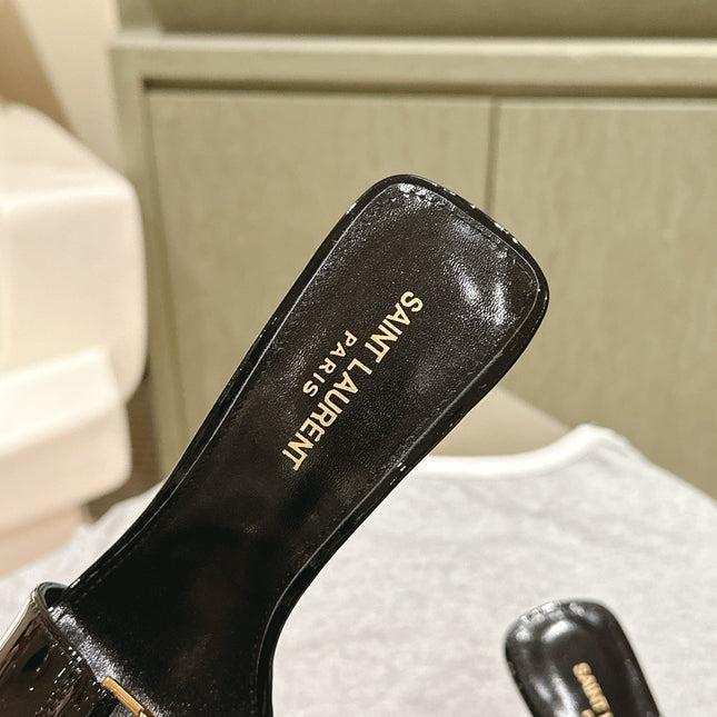 YSL 25S SQUARE-TOE HIGH-HEEL SANDALS 100 MM IN BLACK GLOSSY LAMBSKIN WITH GOLD HARDWARE