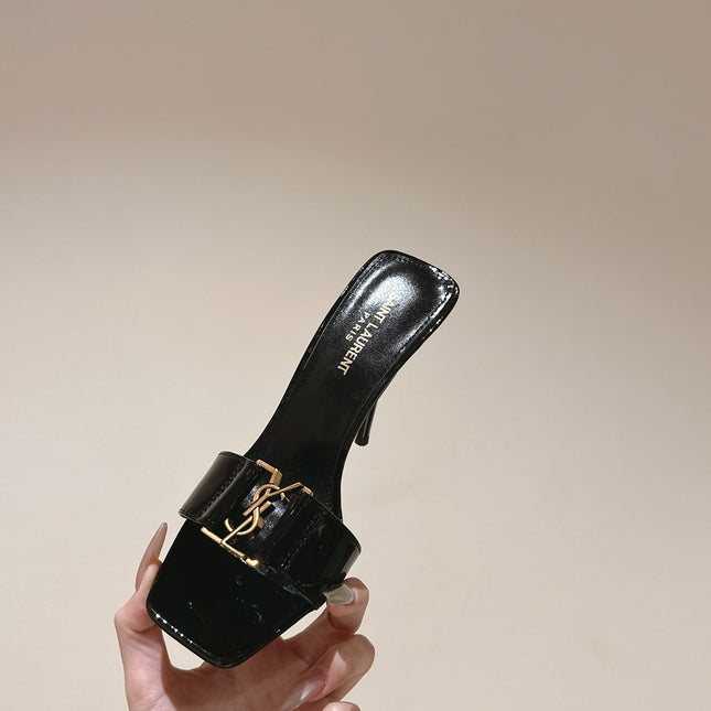YSL 25S SQUARE-TOE HIGH-HEEL SANDALS 100 MM IN BLACK GLOSSY LAMBSKIN WITH GOLD HARDWARE
