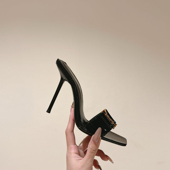 YSL 25S SQUARE-TOE HIGH-HEEL SANDALS 100 MM IN BLACK GLOSSY LAMBSKIN WITH GOLD HARDWARE