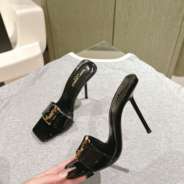 YSL 25S SQUARE-TOE HIGH-HEEL SANDALS 100 MM IN BLACK GLOSSY LAMBSKIN WITH GOLD HARDWARE