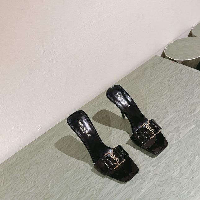 YSL 25S SQUARE-TOE HIGH-HEEL SANDALS 100 MM IN BLACK GLOSSY LAMBSKIN WITH GOLD HARDWARE