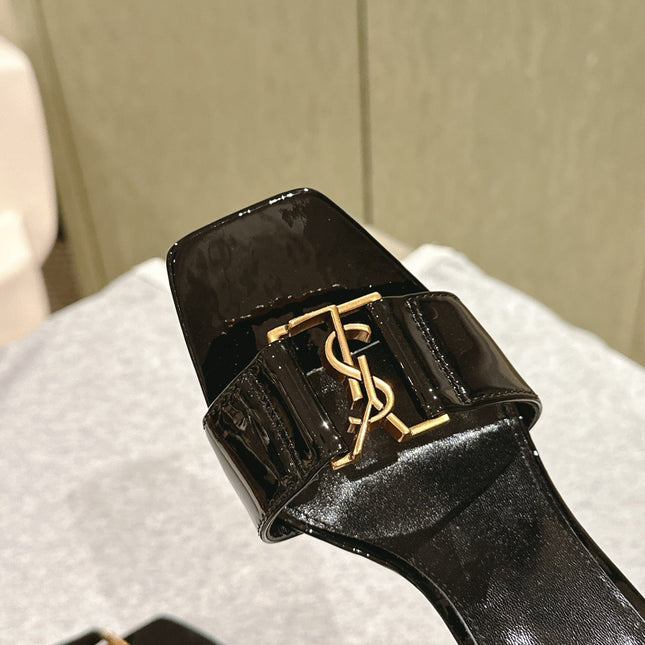 YSL 25S SQUARE-TOE HIGH-HEEL SANDALS 100 MM IN BLACK GLOSSY LAMBSKIN WITH GOLD HARDWARE
