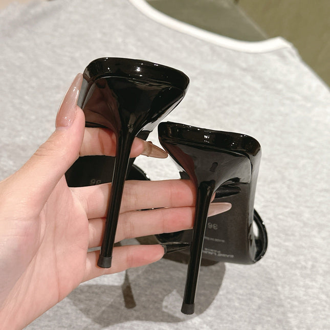 YSL 25S SQUARE-TOE HIGH-HEEL SANDALS 100 MM IN BLACK GLOSSY LAMBSKIN WITH GOLD HARDWARE