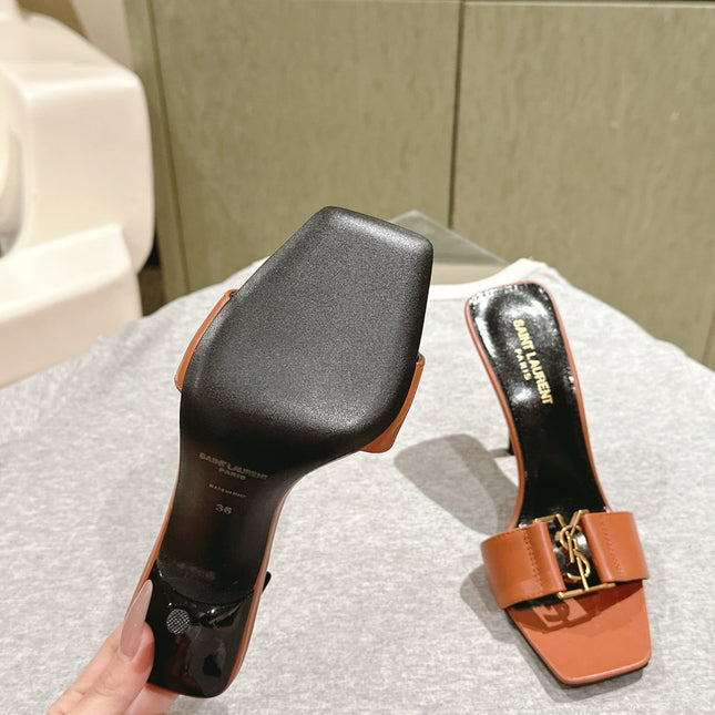 YSL 25S SQUARE-TOE HIGH-HEEL SANDALS 100 MM IN BURNT ORANGE BROWN LAMBSKIN WITH GOLD HARDWARE