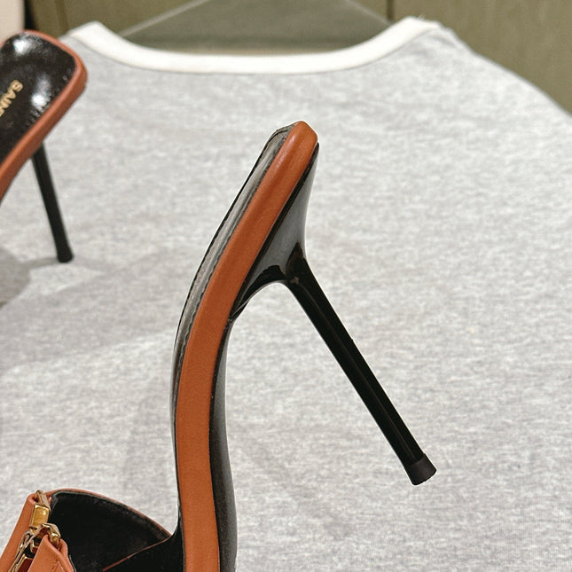 YSL 25S SQUARE-TOE HIGH-HEEL SANDALS 100 MM IN BURNT ORANGE BROWN LAMBSKIN WITH GOLD HARDWARE