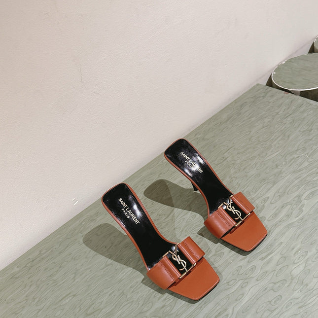 YSL 25S SQUARE-TOE HIGH-HEEL SANDALS 100 MM IN BURNT ORANGE BROWN LAMBSKIN WITH GOLD HARDWARE