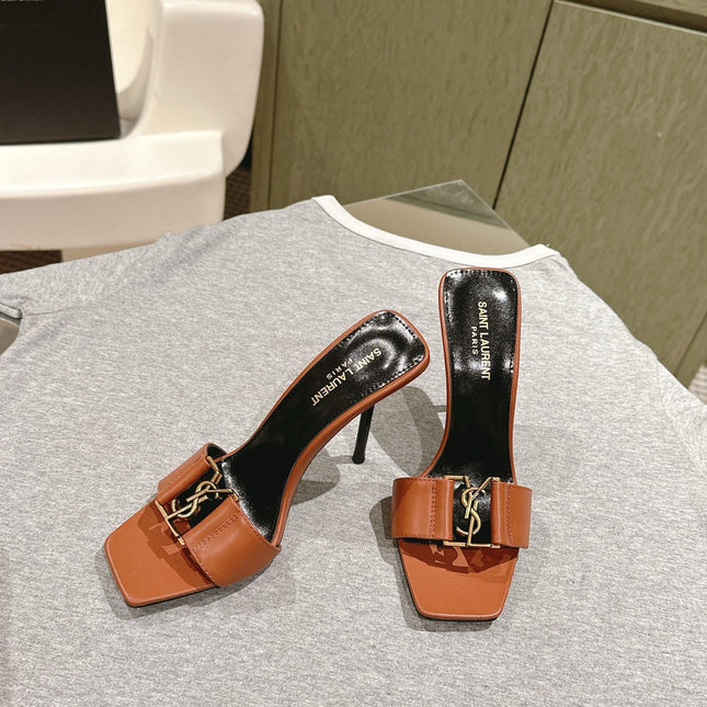 YSL 25S SQUARE-TOE HIGH-HEEL SANDALS 100 MM IN BURNT ORANGE BROWN LAMBSKIN WITH GOLD HARDWARE