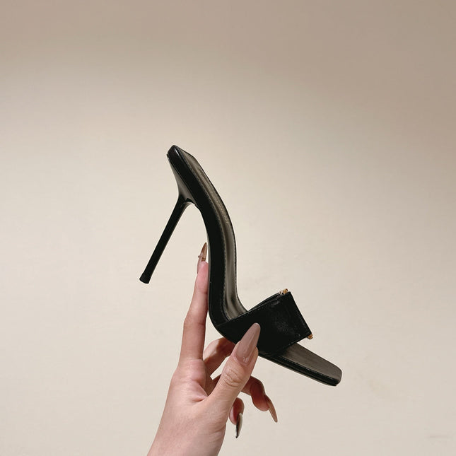 YSL 25S SQUARE-TOE HIGH-HEEL SANDALS 100 MM IN BLACK LAMBSKIN WITH GOLD HARDWARE