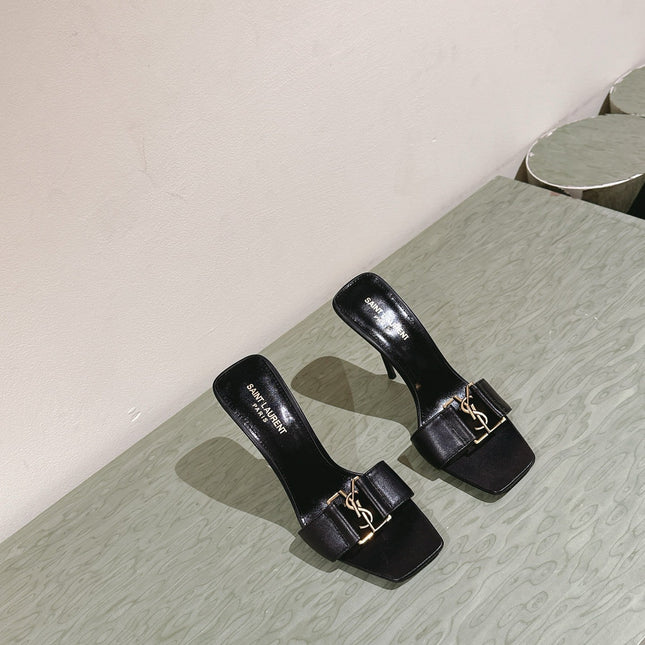 YSL 25S SQUARE-TOE HIGH-HEEL SANDALS 100 MM IN BLACK LAMBSKIN WITH GOLD HARDWARE