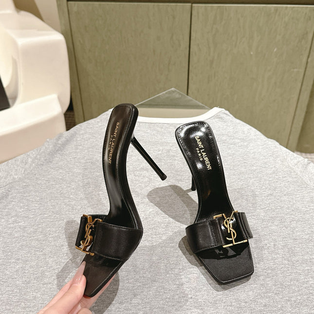 YSL 25S SQUARE-TOE HIGH-HEEL SANDALS 100 MM IN BLACK LAMBSKIN WITH GOLD HARDWARE