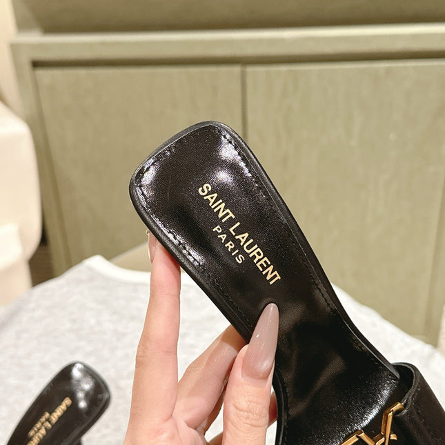 YSL 25S SQUARE-TOE HIGH-HEEL SANDALS 100 MM IN BLACK LAMBSKIN WITH GOLD HARDWARE