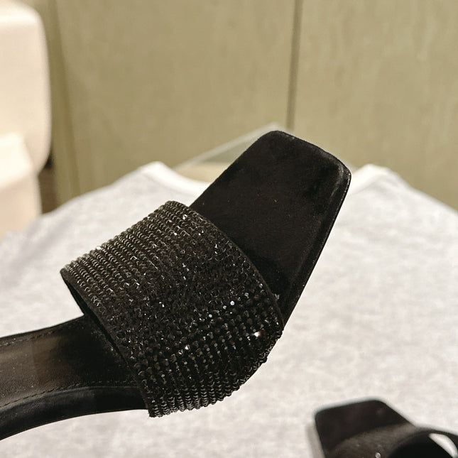 YSL 25S HEELED SANDALS 100 MM IN BLACK LAMBSKIN WITH RHINESTONE-EMBELLISHED STRAP